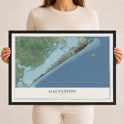 Map of Galveston, Texas, 12 x 18 inch print in a black wood frame