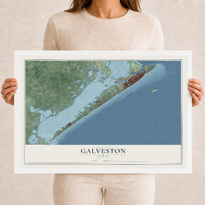 Map of Galveston, Texas, 12 x 18 inch print in a white wood frame