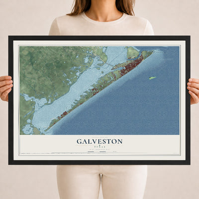 Map of Galveston, Texas, 18 x 24 inch print in a black wood frame