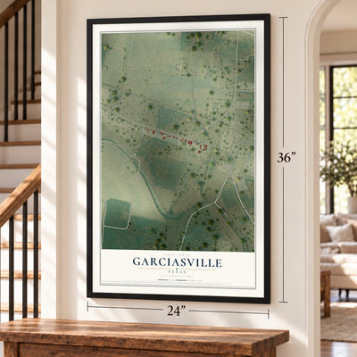 Garciasville, Texas map, 24 x 36 inch print in a black frame by a staircase