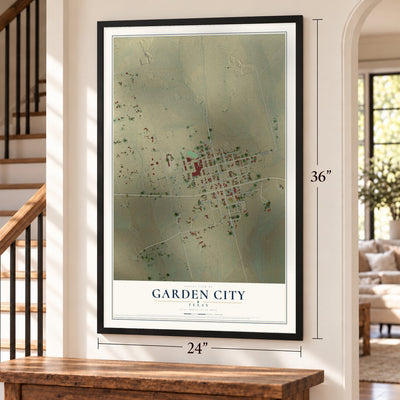 Garden City, Texas map, 24 x 36 inch print in a black frame by a staircase
