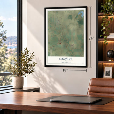 Geronimo, Texas map, 18 x 24 inch print in a black frame in a home office
