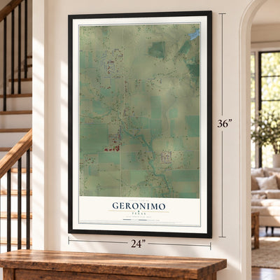 Geronimo, Texas map, 24 x 36 inch print in a black frame by a staircase