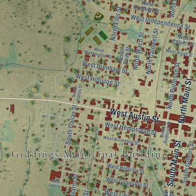 Second close-up of the map of Giddings, Texas print showing more streets and buildings