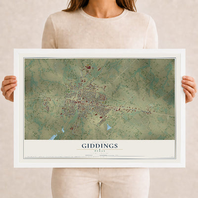 Map of Giddings, Texas, 12 x 18 inch print in a white wood frame