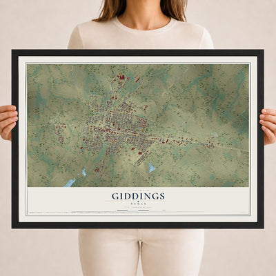 Map of Giddings, Texas, 18 x 24 inch print in a black wood frame