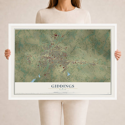 Map of Giddings, Texas, 24 x 36 inch print in a white wood frame