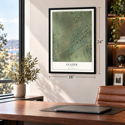 Glazier, Texas map, 18 x 24 inch print in a black frame in a home office