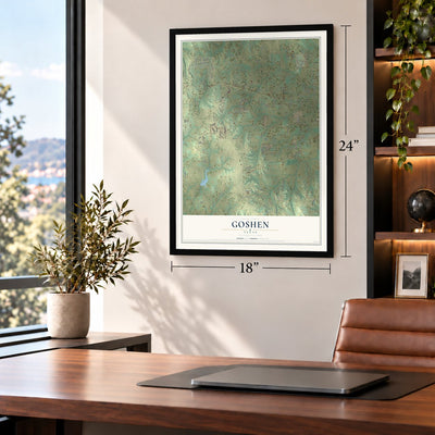 Goshen, Texas map, 18 x 24 inch print in a black frame in a home office