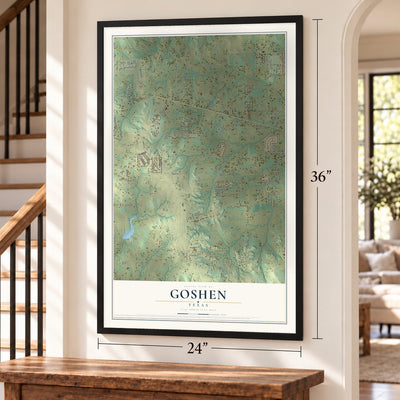 Goshen, Texas map, 24 x 36 inch print in a black frame by a staircase
