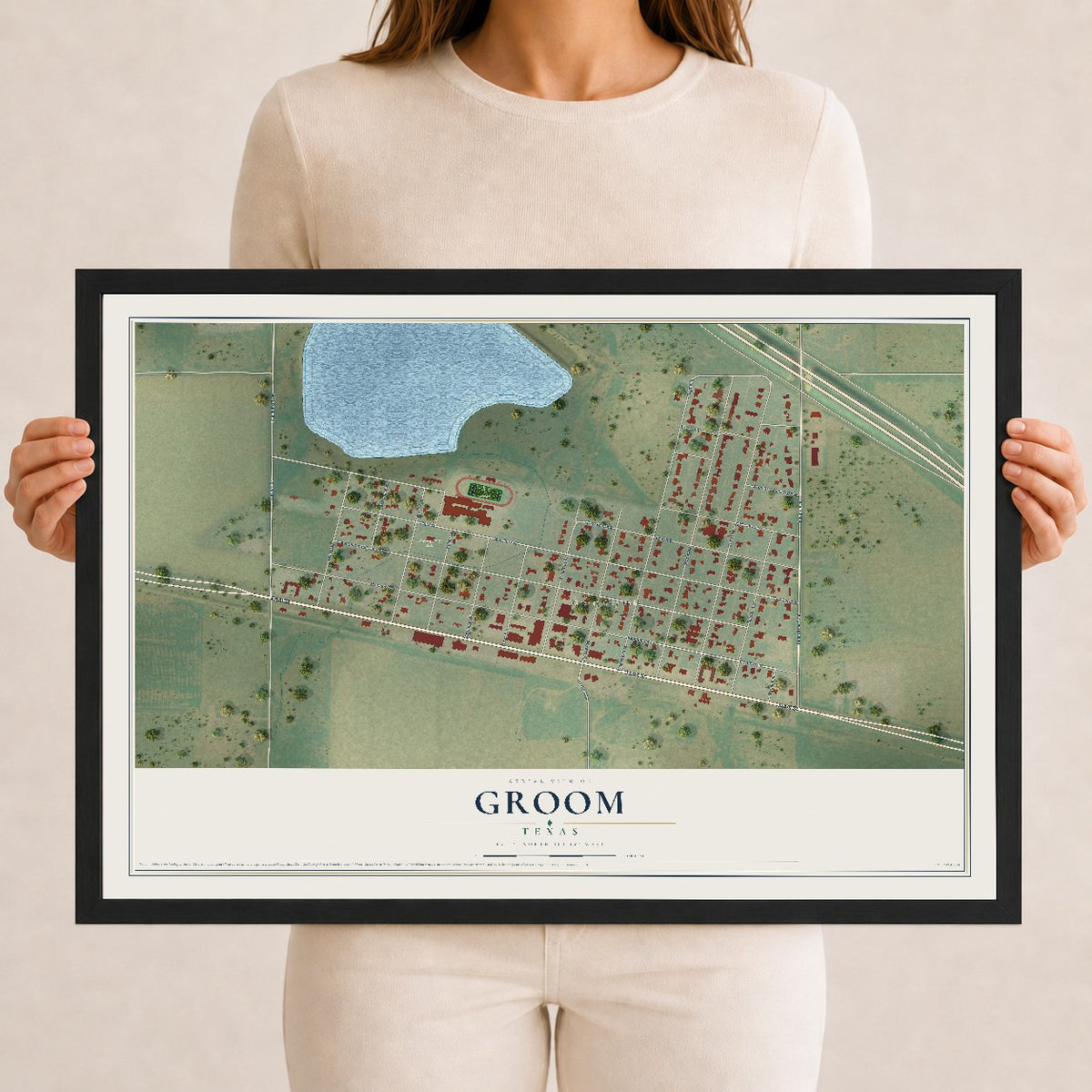 Map of Groom, Texas, 12 x 18 inch print in a black wood frame