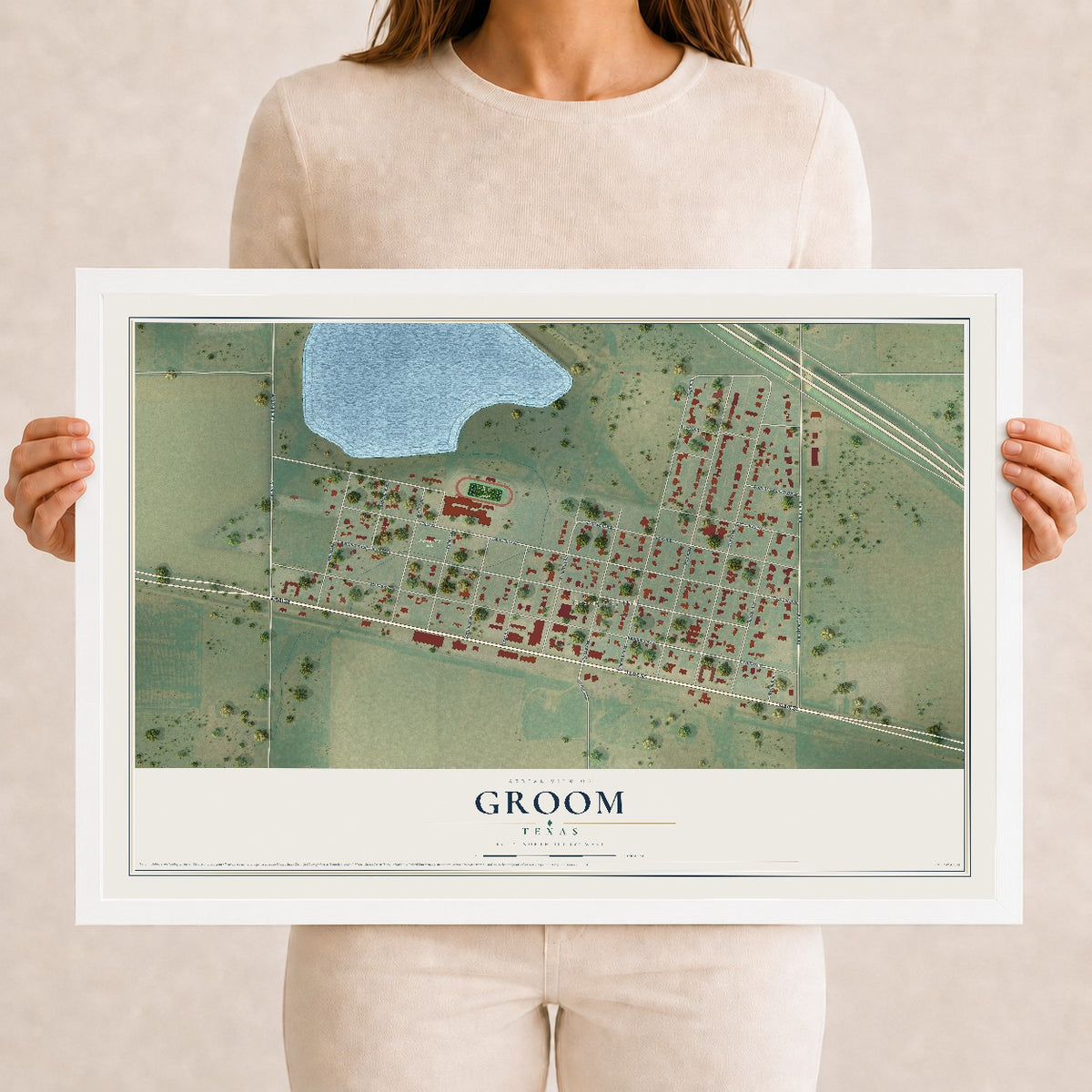 Map of Groom, Texas, 12 x 18 inch print in a white wood frame