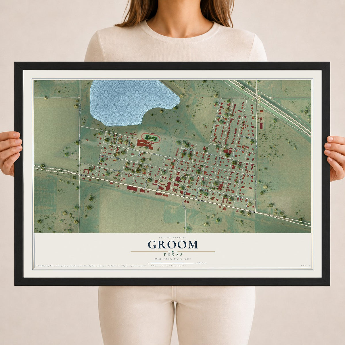 Map of Groom, Texas, 18 x 24 inch print in a black wood frame