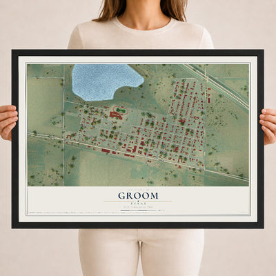 Map of Groom, Texas, 18 x 24 inch print in a black wood frame