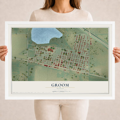 Map of Groom, Texas, 18 x 24 inch print in a white wood frame