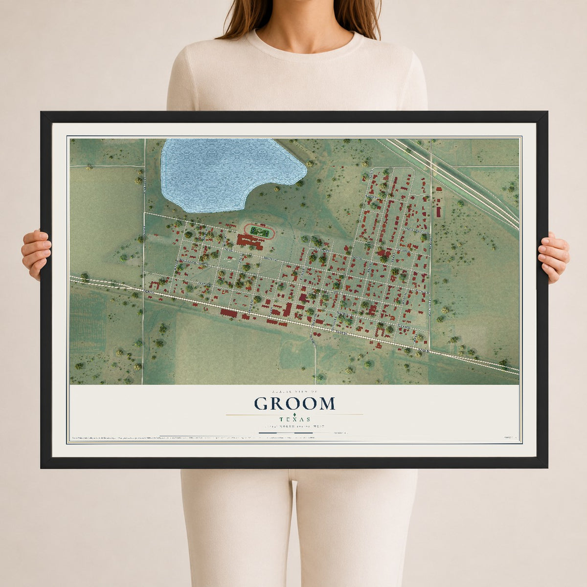Map of Groom, Texas, 24 x 36 inch print in a black wood frame