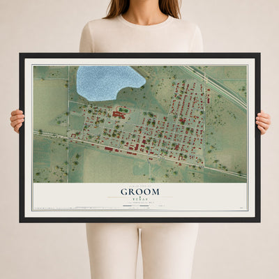 Map of Groom, Texas, 24 x 36 inch print in a black wood frame