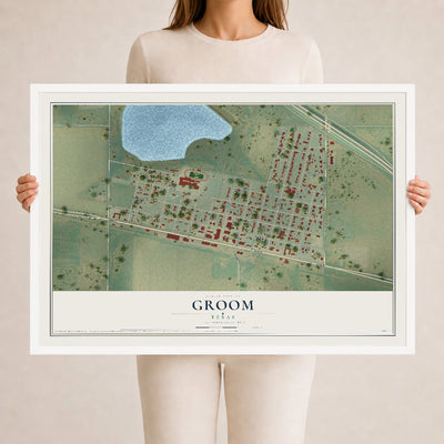 Map of Groom, Texas, 24 x 36 inch print in a white wood frame