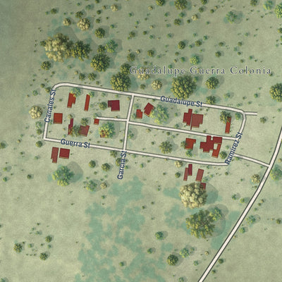 Close-up of the map of Guadalupe Guerra, Texas print showing street and building detail