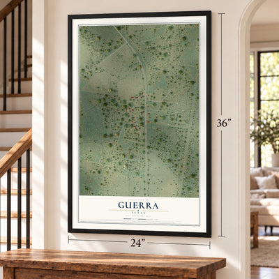 Guerra, Texas map, 24 x 36 inch print in a black frame by a staircase