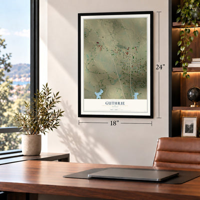 Guthrie, Texas map, 18 x 24 inch print in a black frame in a home office