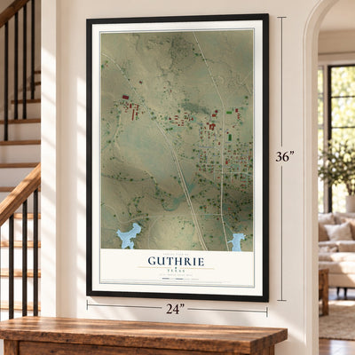 Guthrie, Texas map, 24 x 36 inch print in a black frame by a staircase