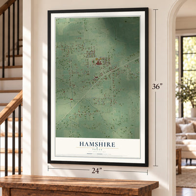 Hamshire, Texas map, 24 x 36 inch print in a black frame by a staircase