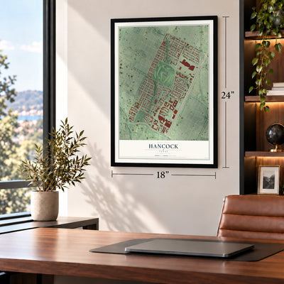 Hancock, Texas map, 18 x 24 inch print in a black frame in a home office