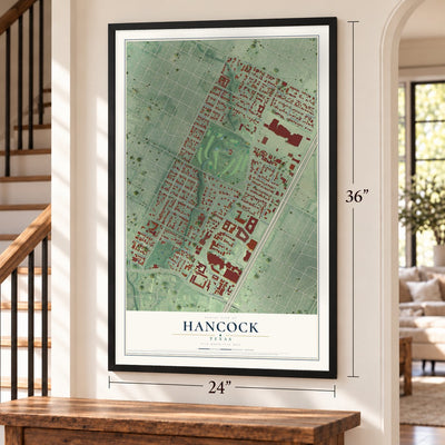 Hancock, Texas map, 24 x 36 inch print in a black frame by a staircase