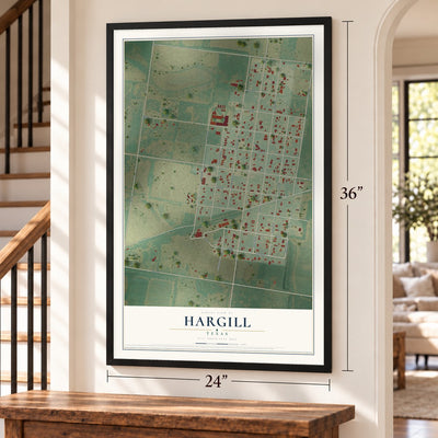 Hargill, Texas map, 24 x 36 inch print in a black frame by a staircase