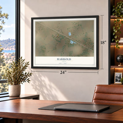 Harrold, Texas map, 18 x 24 inch print in a black frame in a home office