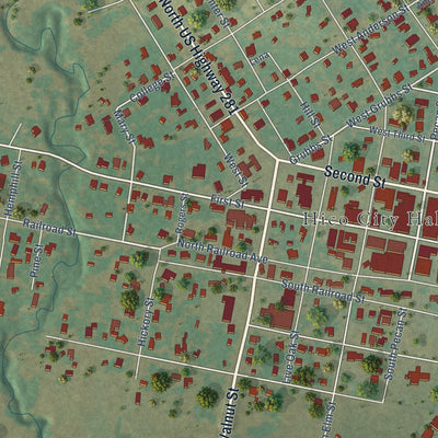 Close-up of the map of Hico, Texas print showing street and building detail