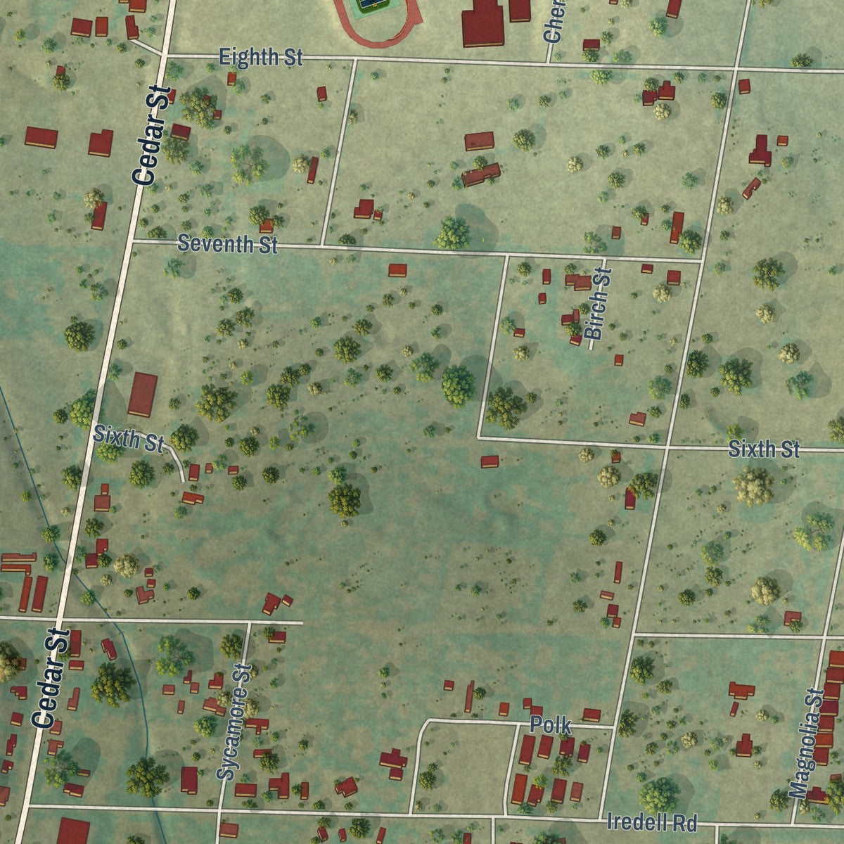 Second close-up of the map of Hico, Texas print showing more streets and buildings