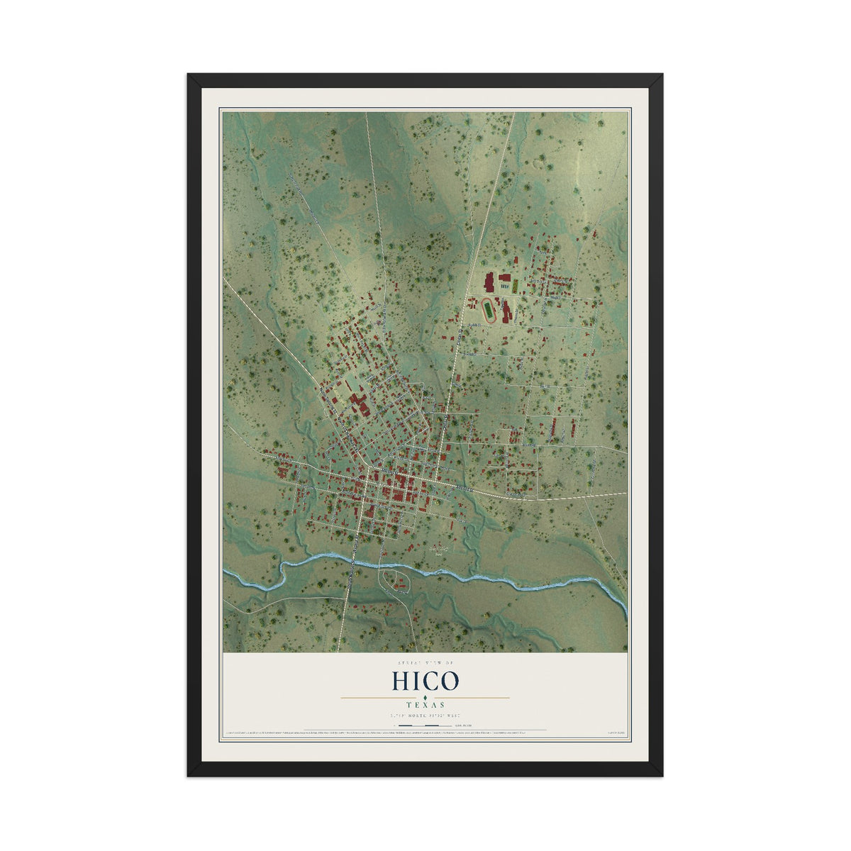Map of Hico, Texas, 12 x 18 inch print in a black wood frame