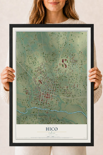 Map of Hico, Texas, 18 x 24 inch print in a black wood frame