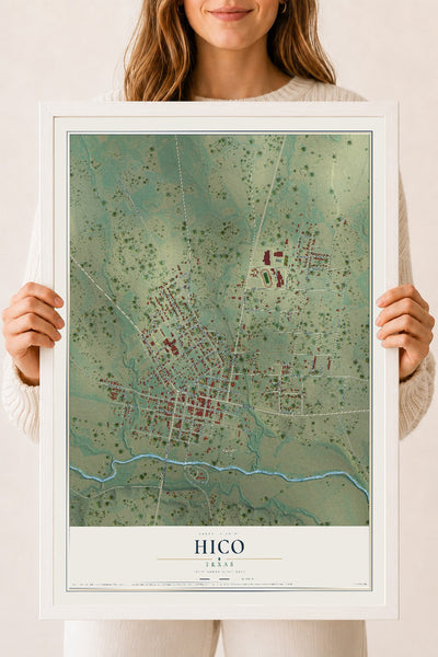Map of Hico, Texas, 18 x 24 inch print in a white wood frame