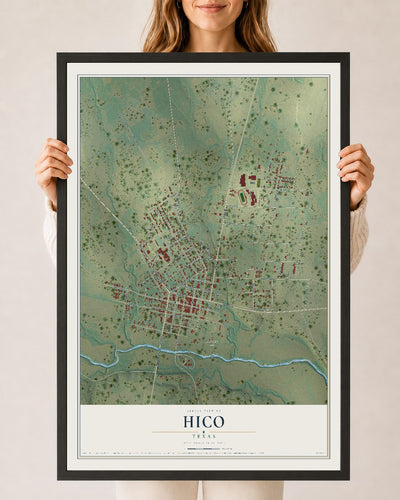 Map of Hico, Texas, 24 x 36 inch print in a black wood frame