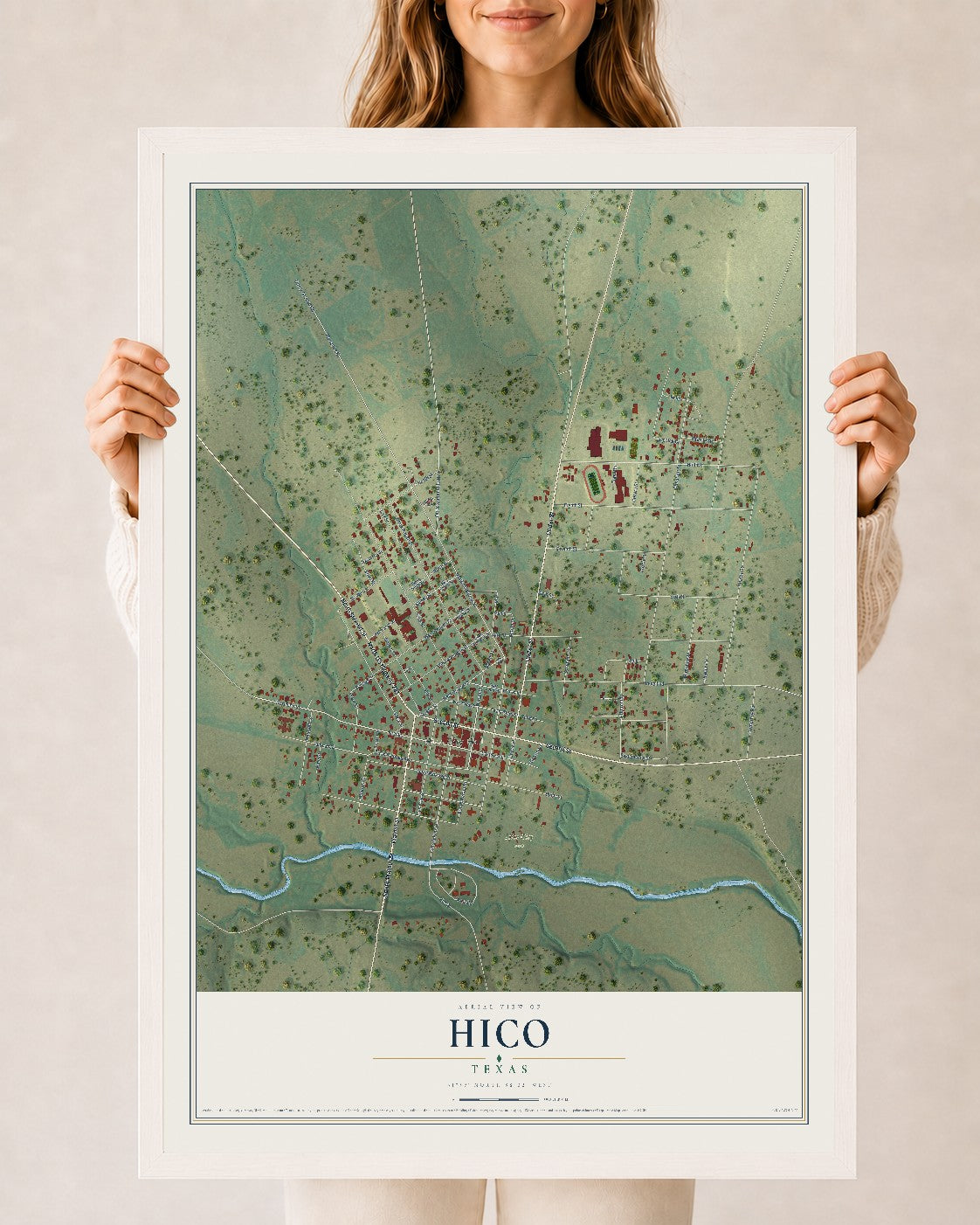 Map of Hico, Texas, 24 x 36 inch print in a white wood frame