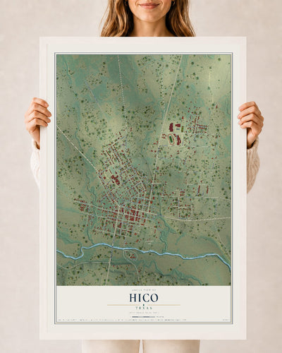 Map of Hico, Texas, 24 x 36 inch print in a white wood frame