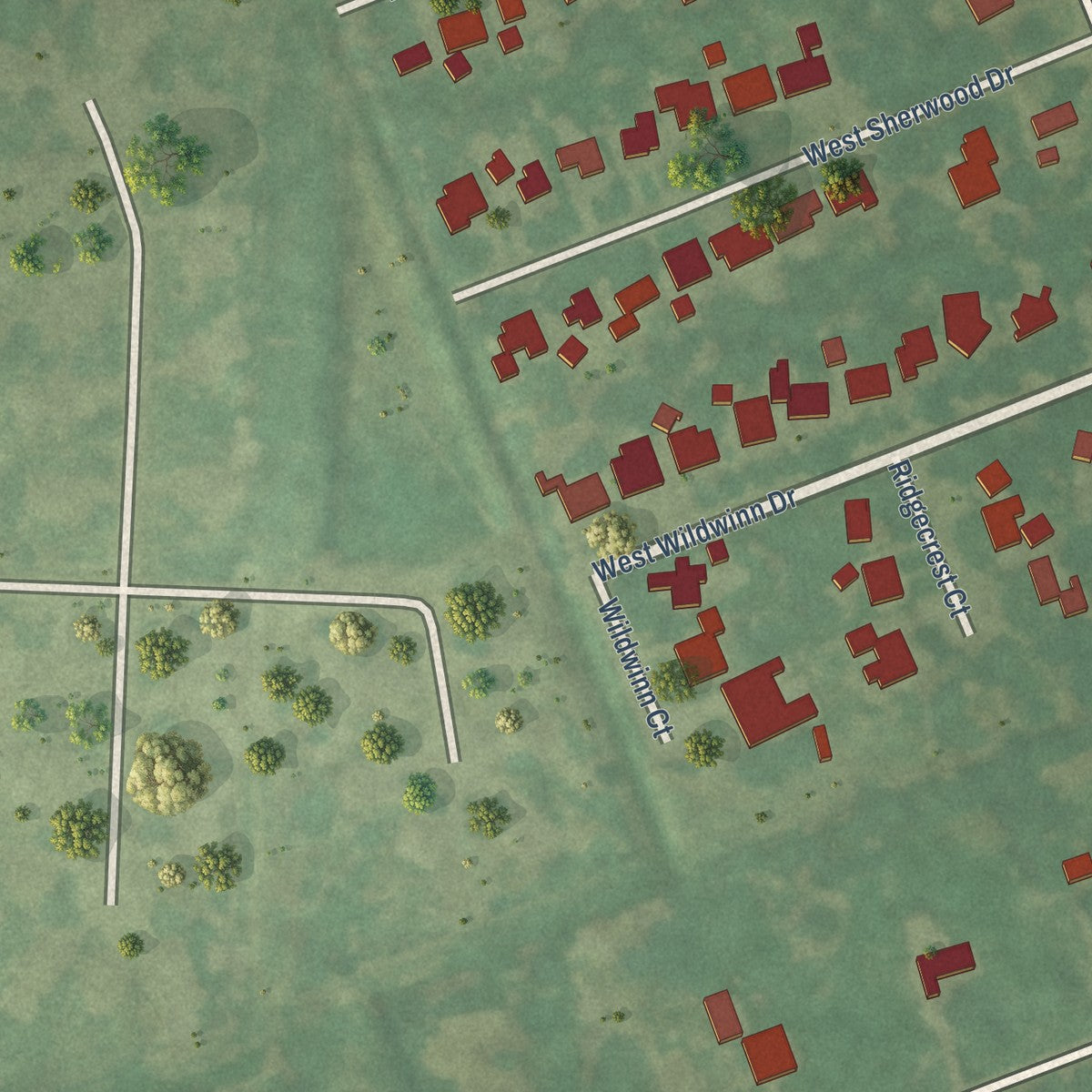 Second close-up of the map of Hillcrest Village, Texas print showing more streets and buildings