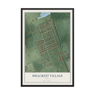 Map of Hillcrest Village, Texas, 12 x 18 inch print in a black wood frame
