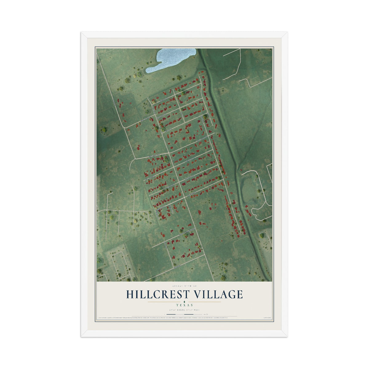 Map of Hillcrest Village, Texas, 12 x 18 inch print in a white wood frame