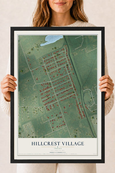 Map of Hillcrest Village, Texas, 18 x 24 inch print in a black wood frame