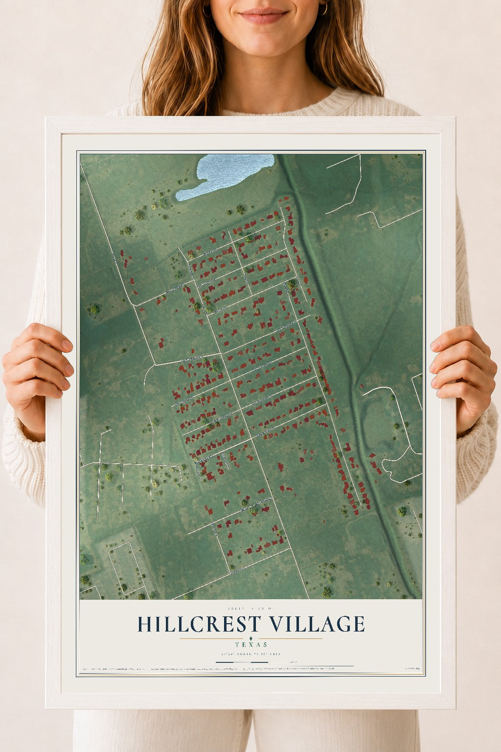 Map of Hillcrest Village, Texas, 18 x 24 inch print in a white wood frame