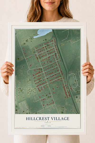 Map of Hillcrest Village, Texas, 18 x 24 inch print in a white wood frame