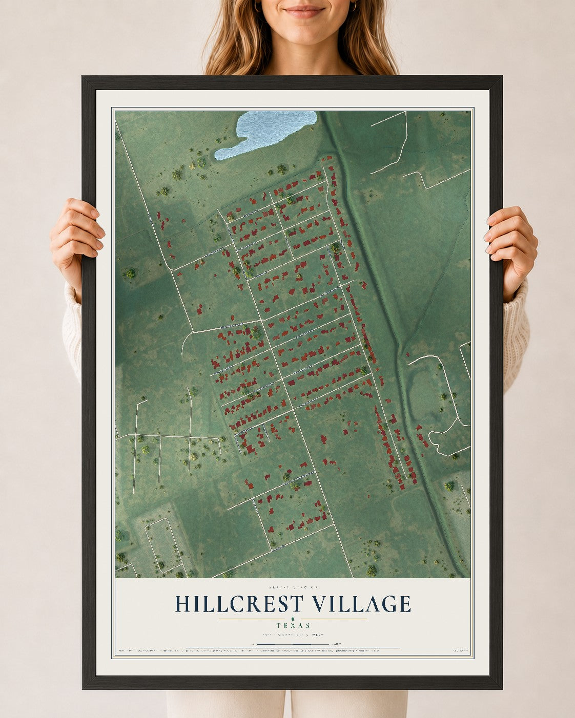 Map of Hillcrest Village, Texas, 24 x 36 inch print in a black wood frame