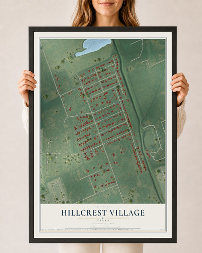 Map of Hillcrest Village, Texas, 24 x 36 inch print in a black wood frame