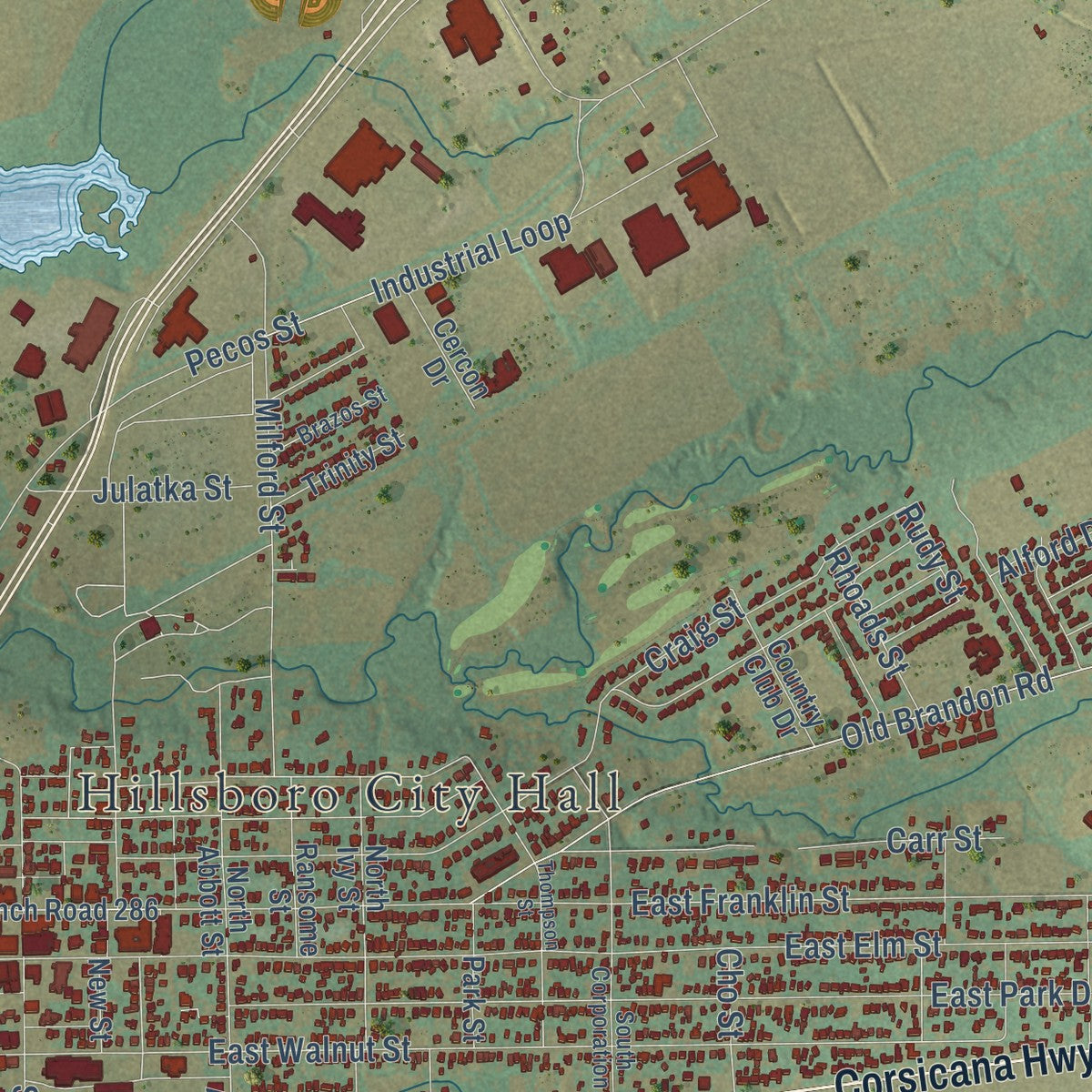Close-up of the map of Hillsboro, Texas print showing street and building detail