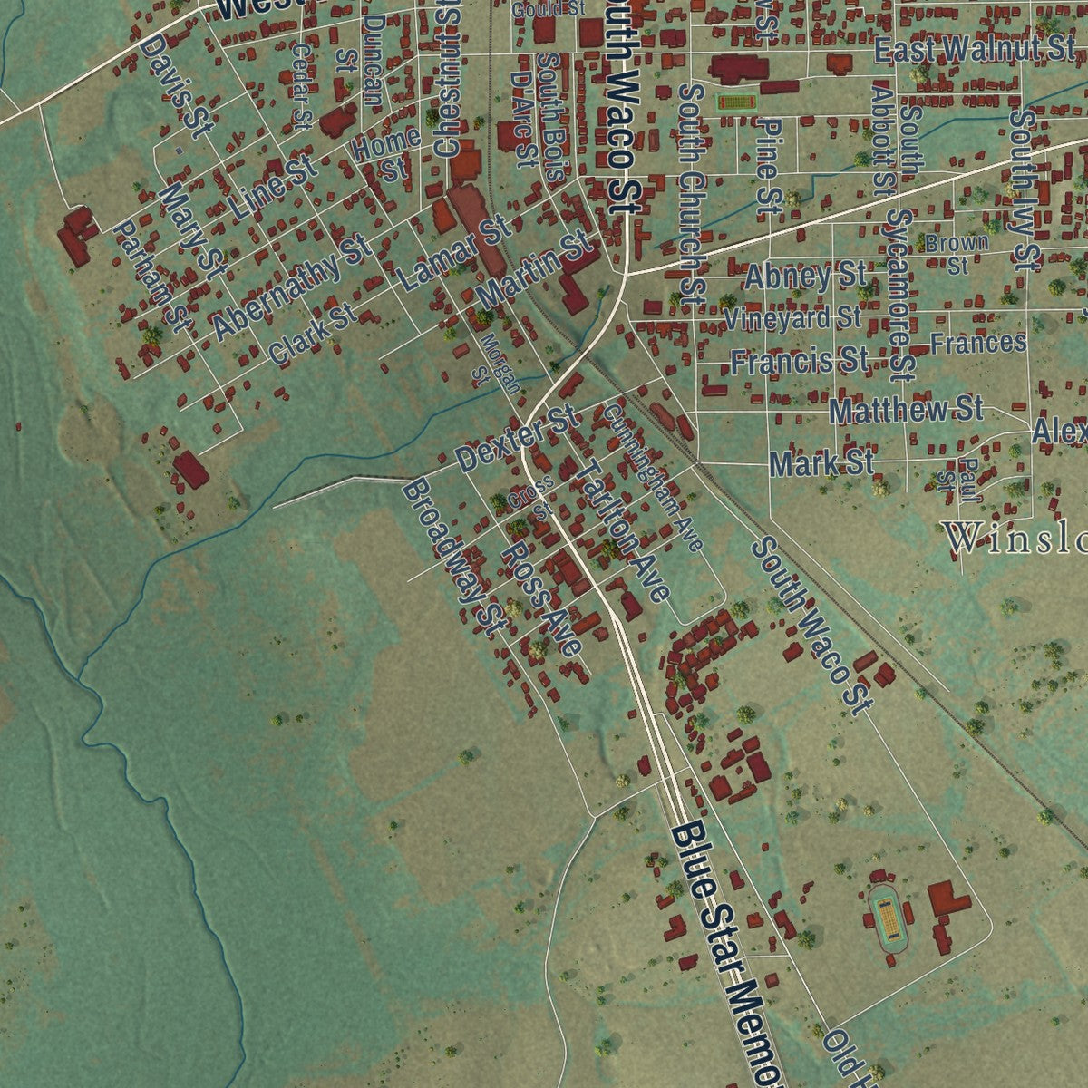 Second close-up of the map of Hillsboro, Texas print showing more streets and buildings