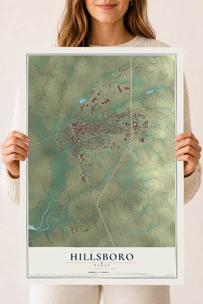 Map of Hillsboro, Texas, 18 x 24 inch unframed archival matte print